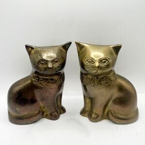 Vintage Set of 2 Solid Brass Gold Tone Cat Figurines Figures Made in Taiwan